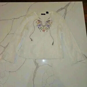 Embroidered Boho Floral V Neck Long Sleeve Peasant Blouse Cream Size Medium